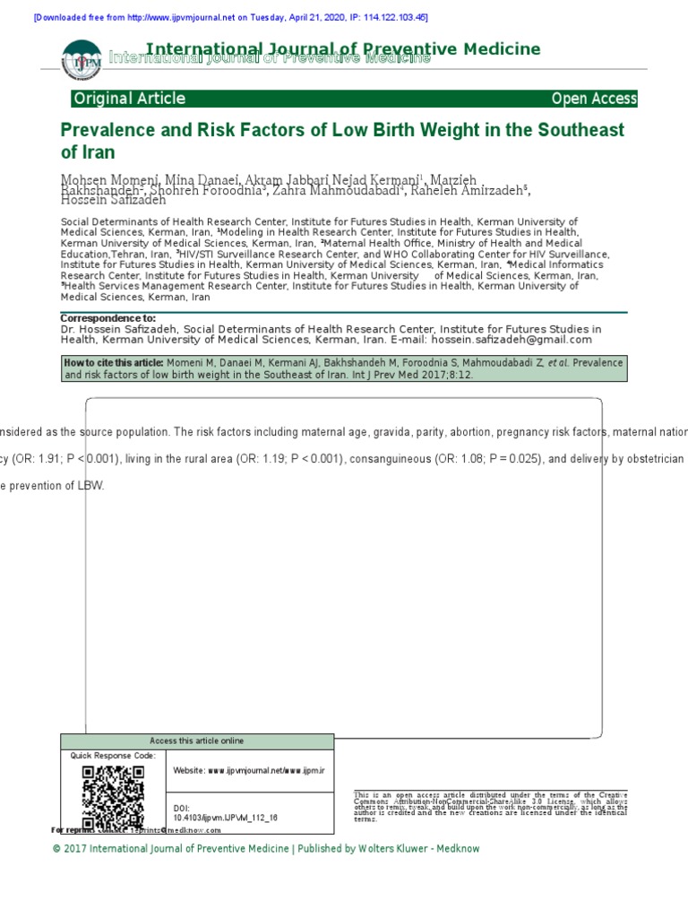 Prevalence and Risk Factors of Low Birth Weight in The Southeast of ...