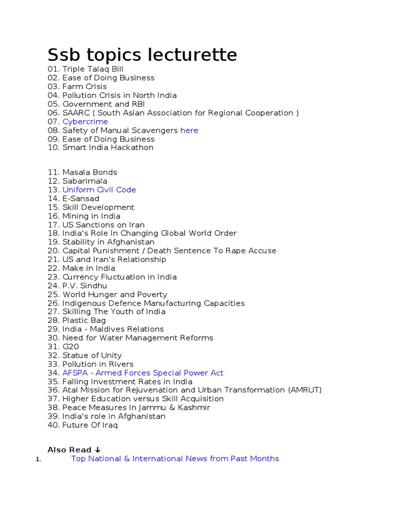 SSB Lecturette Topics for 2025 | PDF | Pakistan | The United States