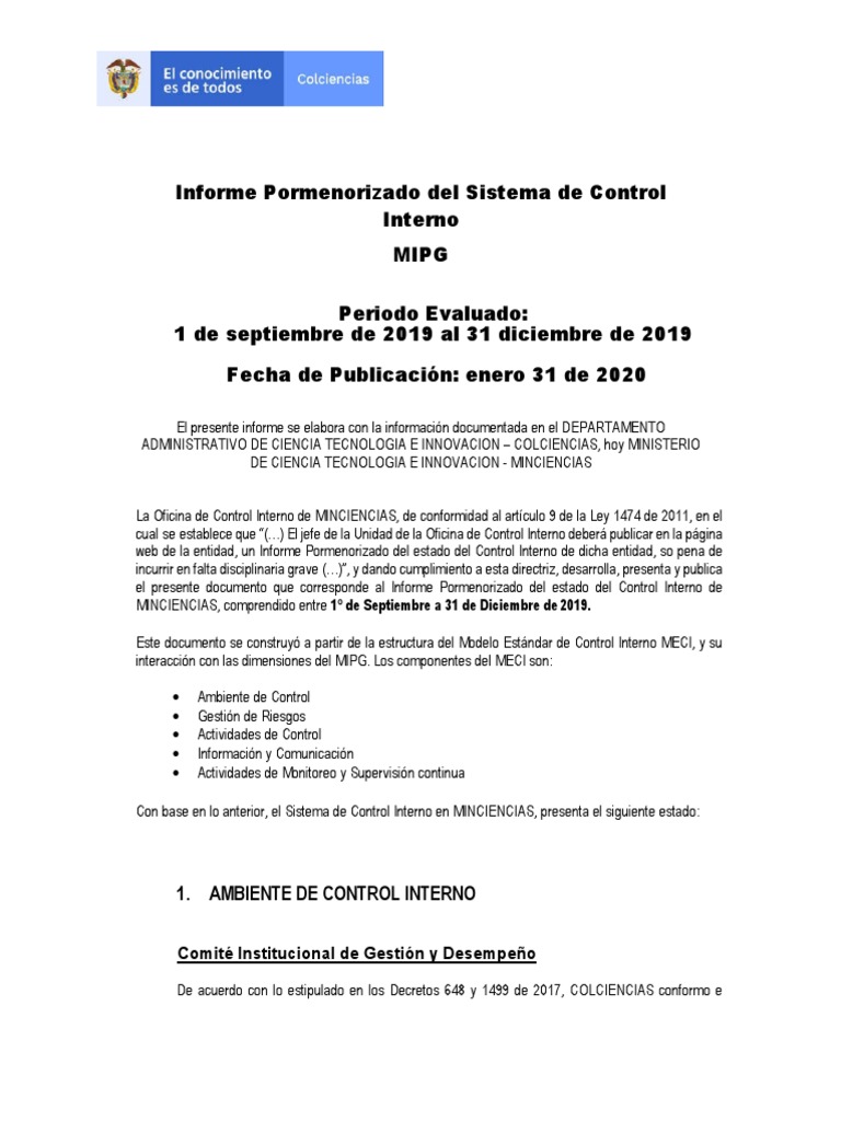 Informe Pormenorizado Del Sistema de Control Interno Dic 2019 | PDF ...