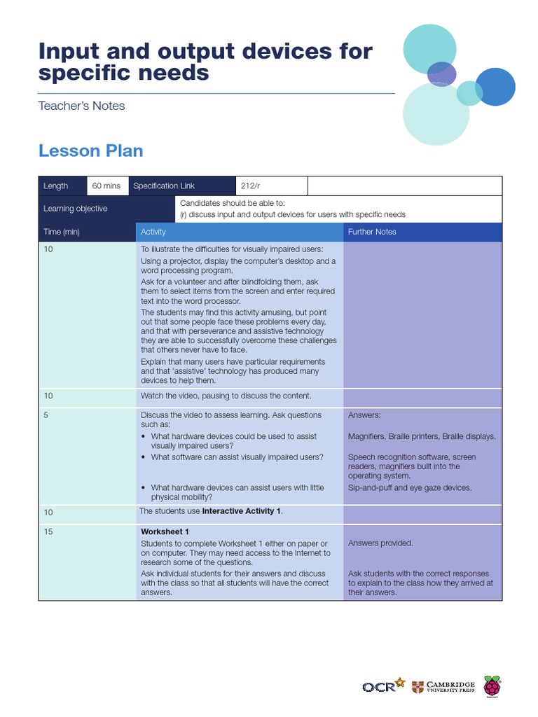 Input and Output Devices For Specifi C Needs: Lesson Plan | PDF ...