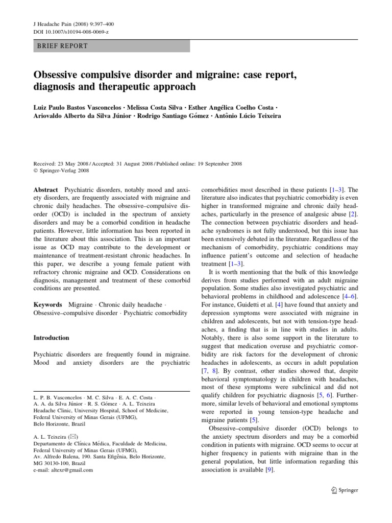 Obsessive Compulsive Disorder and Migraine Case Report, Diagnosis and