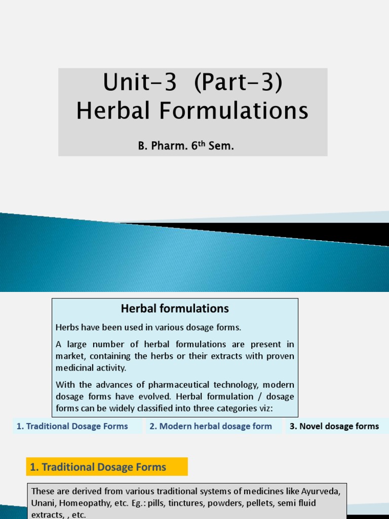 Unit-3 (Part-3) Herbal Formulations: B. Pharm. 6 Sem | Download Free ...