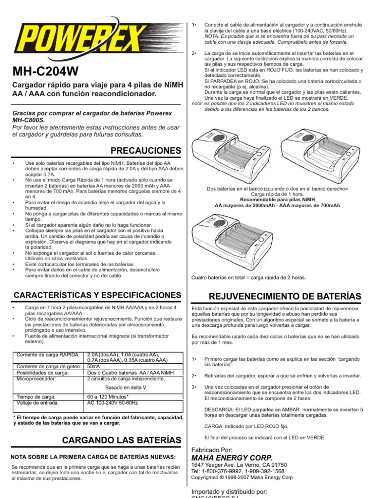 Manual Cargador de Pilas Powerex MHC204W Electricidad Células