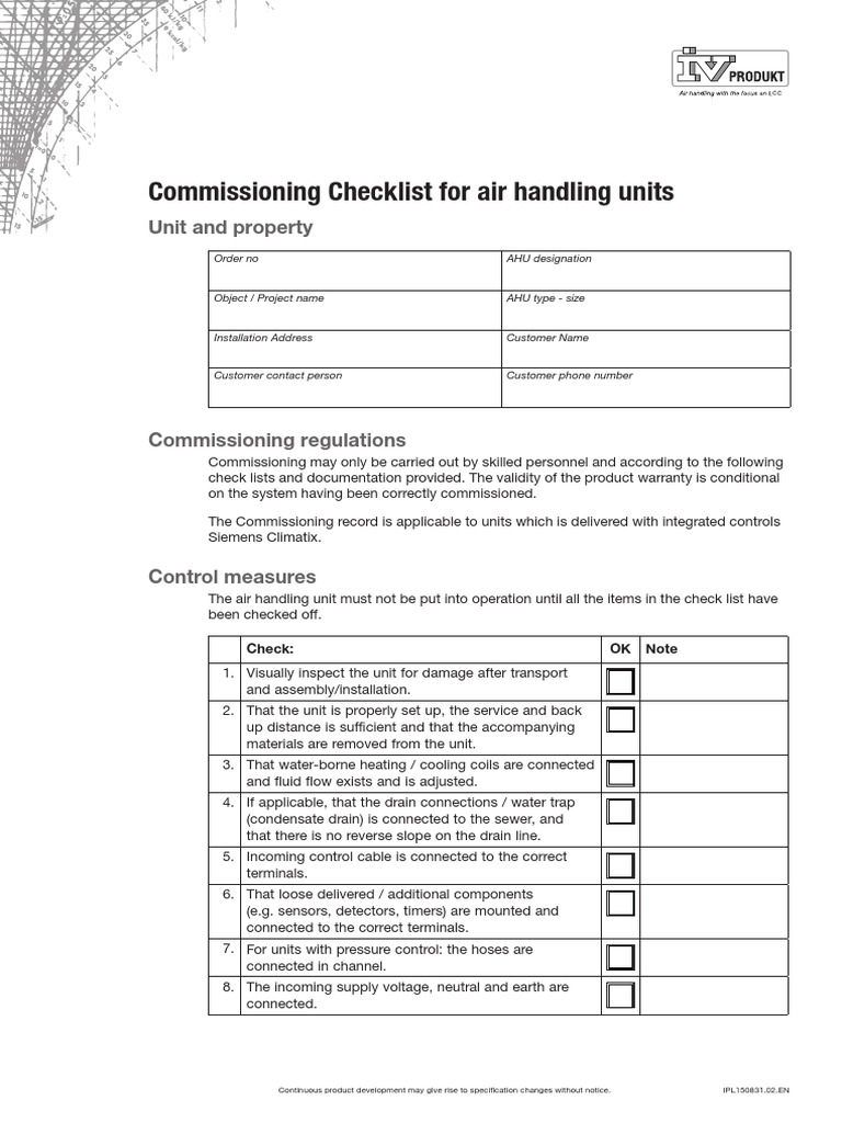 AHU Commissioning Checklist Guide | PDF | Manufactured Goods ...
