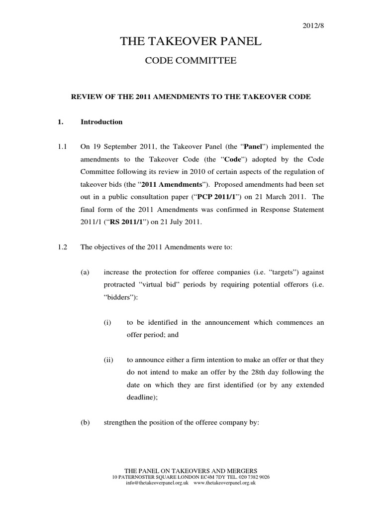 Review of 2011 Takeover Code Amendments | PDF | Offer And Acceptance ...