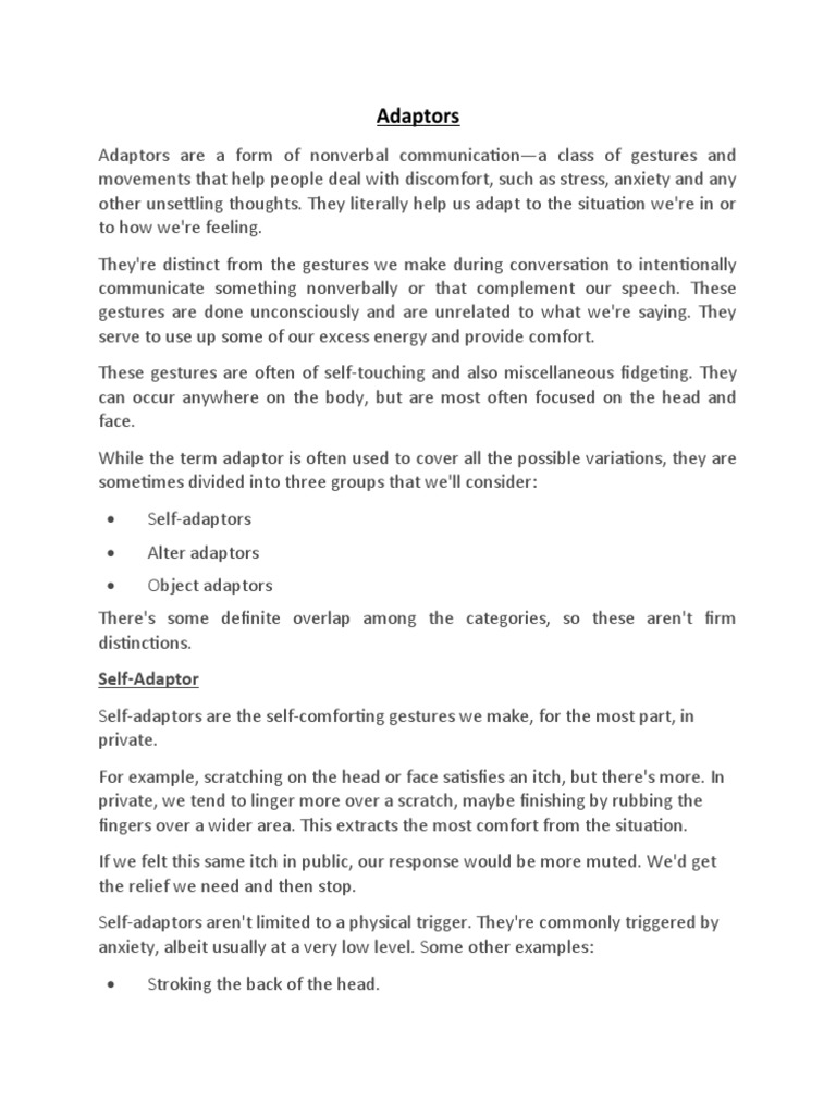 Adaptors SelfAdaptor PDF Gesture Nonverbal Communication