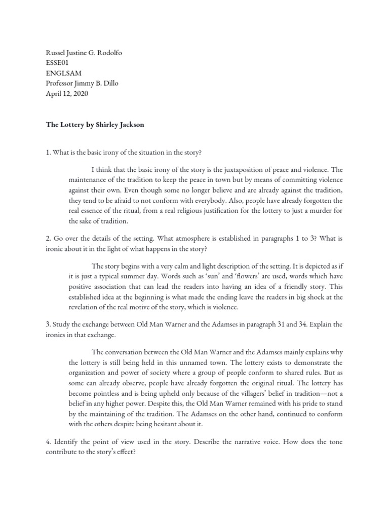 Analysis Of The Lottery By Shirley Jackson Pdf Narration Rituals