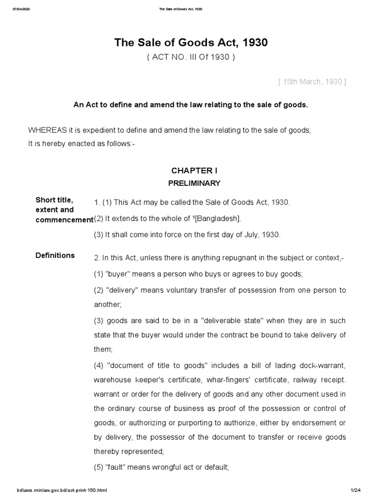 Sale of Goods Act, 1930 PDF Breach Of Contract Implied Warranty