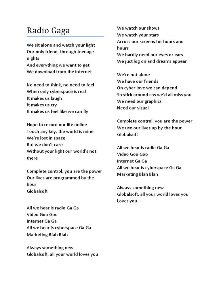Radio Gaga Lyrics PDF