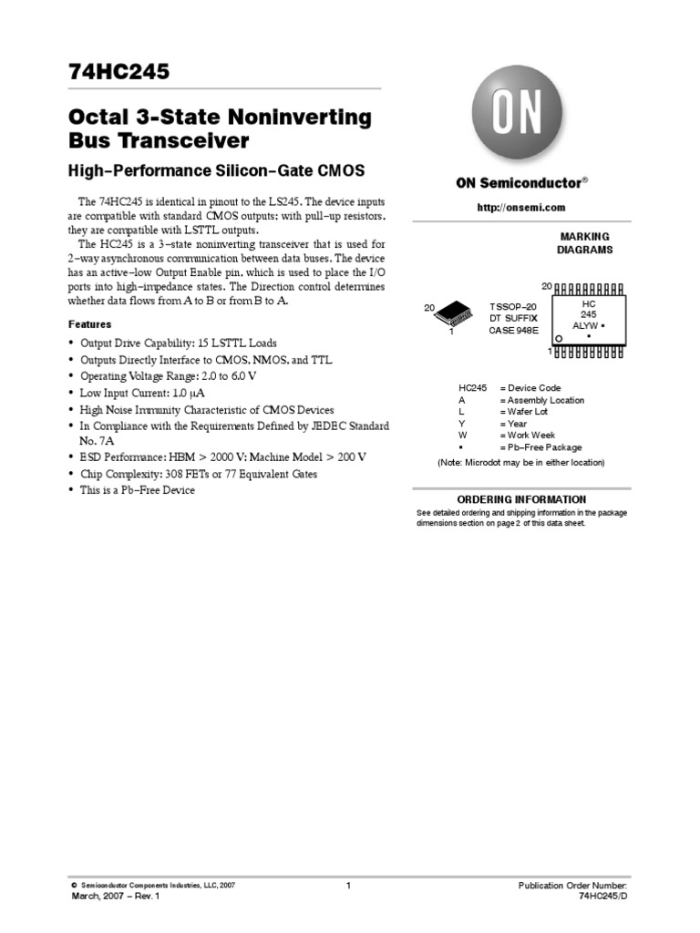 74HC245 Octal 3 State Noninverting Bus Transceiver: High Performance ...