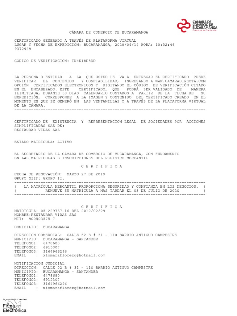 Certificado Camara de Comercio Abril 2020 | PDF | Sociedad de ...