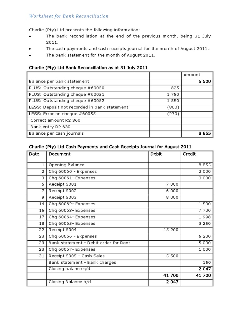 Worksheet For Bank Reconciliation - 8 PDF | PDF | Cheque | Banks