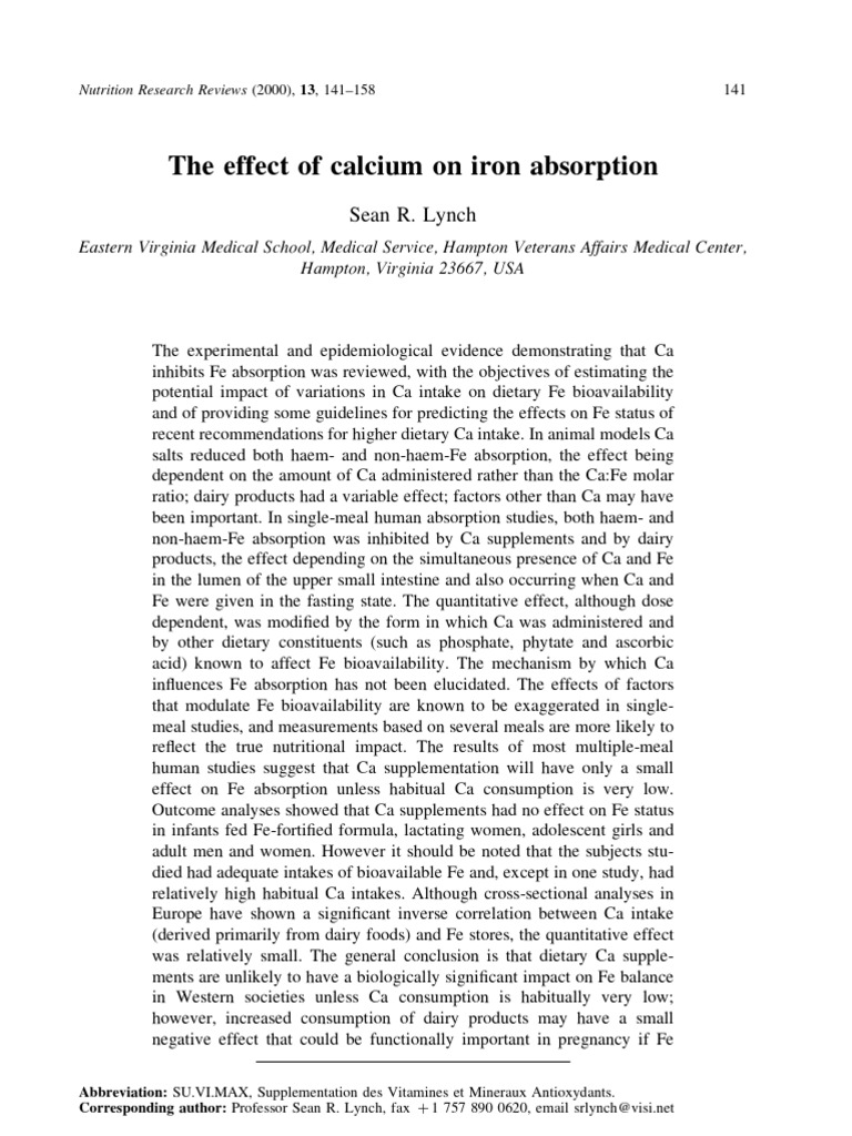 Effect of Calcium on Iron Absorption Calcium Iron
