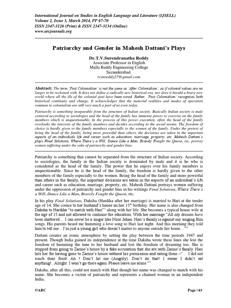 Patriarchy and Gender in Mahesh Dattani's Plays: Dr.T.V.Surendranatha ...