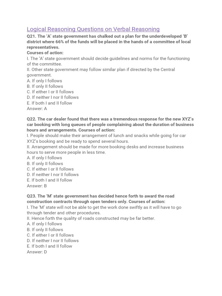 Logical Reasoning Questions On Verbal Reasoning | PDF