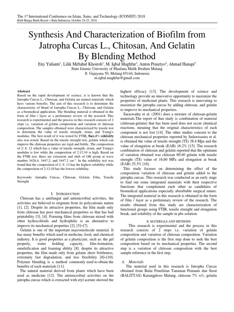 Synthesis and Characterization of Biofilm From Jatropha Curcas L., Chitosan, and Gelatin by