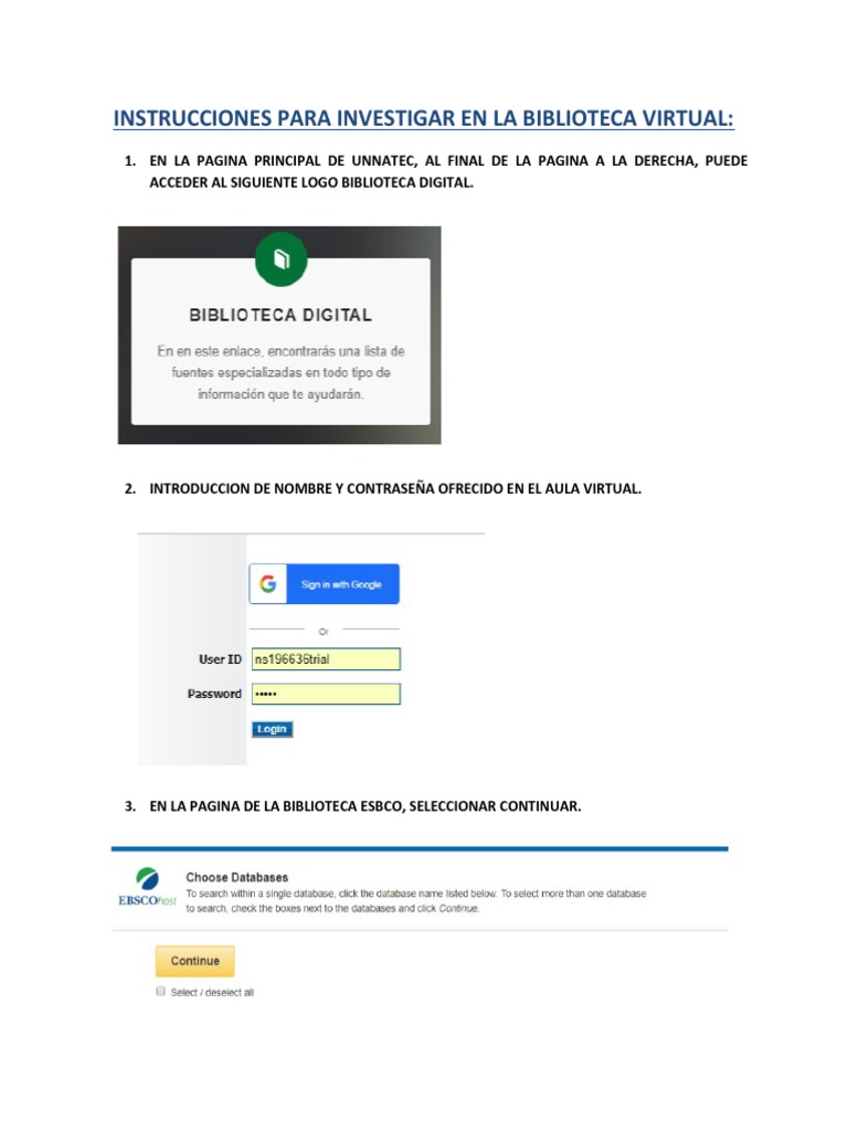 Instrucciones para Investigar en La Biblioteca Virtual PDF | PDF