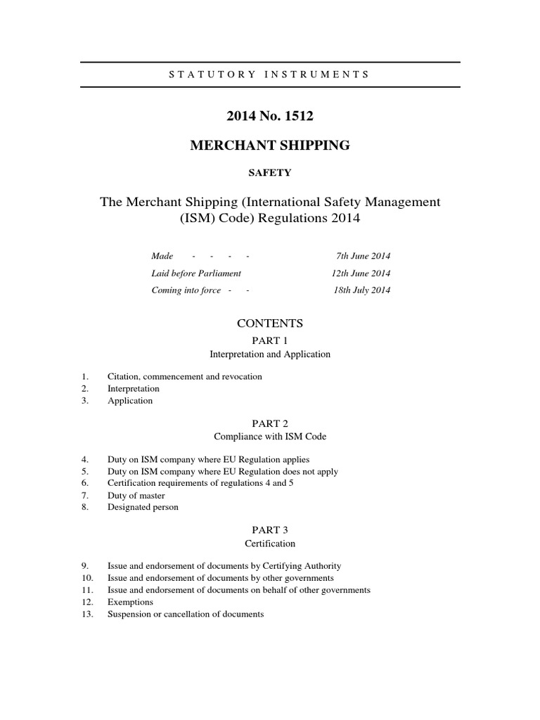International Safety Management (ISM) Code Regulations 2014 1512 | PDF ...