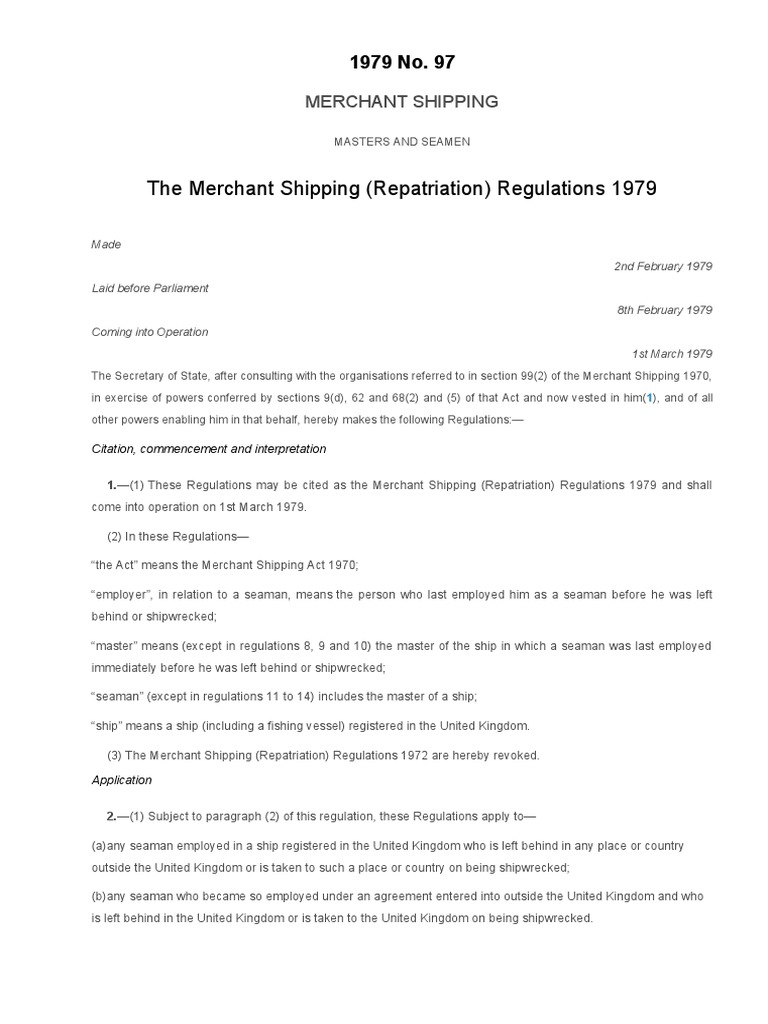 Merchant Shipping Repatriation Regs 1979 | PDF | Sailor | Employment