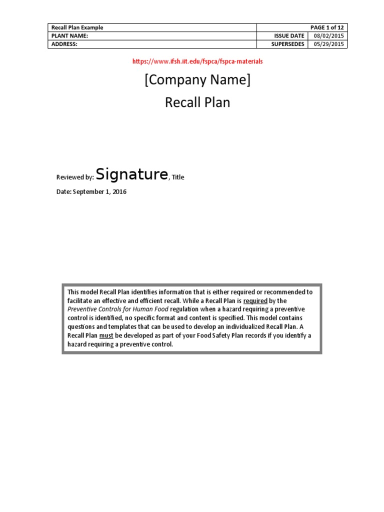 Recall Plan Example PAGE 1 of 12 Plant Name: Issue Date Address ...