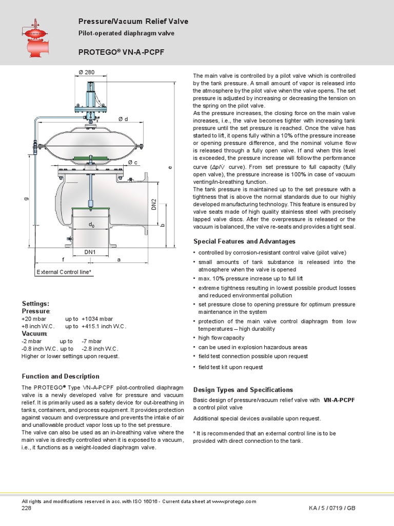 Pressure/Vacuum Relief Valve Protego VnAPcpf PilotOperated