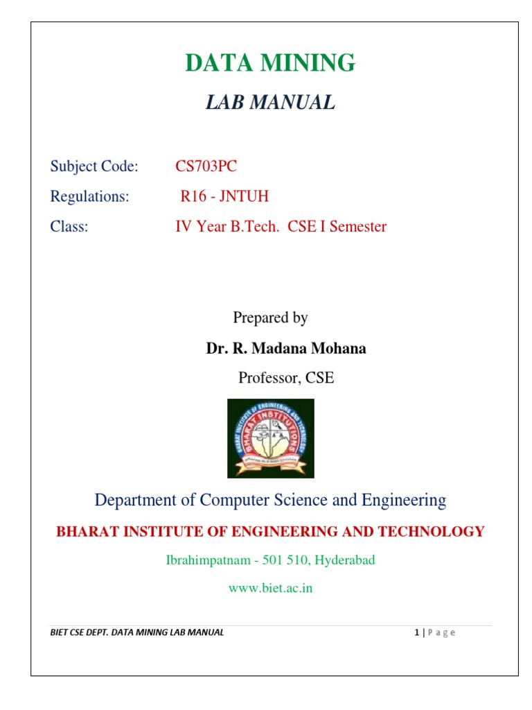 RMM Data Mining Lab Manual IvI Cse R16 20192020 PDF PDF Graphical