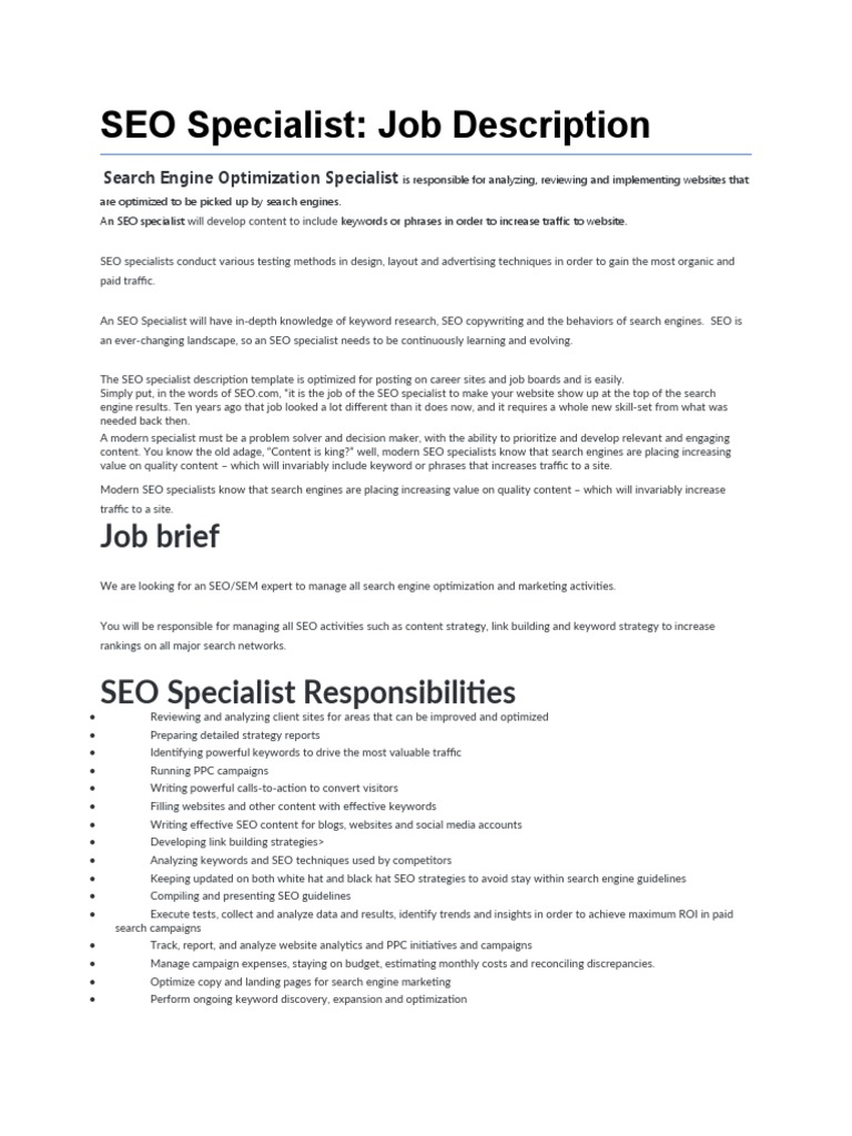 Seo Specialist Job Description Search Engine Marketing Search Engine Optimization