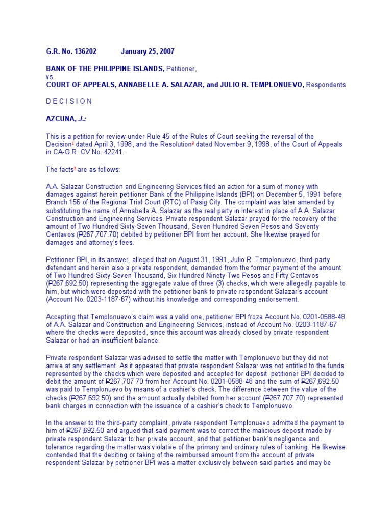 BPI vs. Salazar: Banking Dispute Ruling | PDF | Negotiable Instrument ...