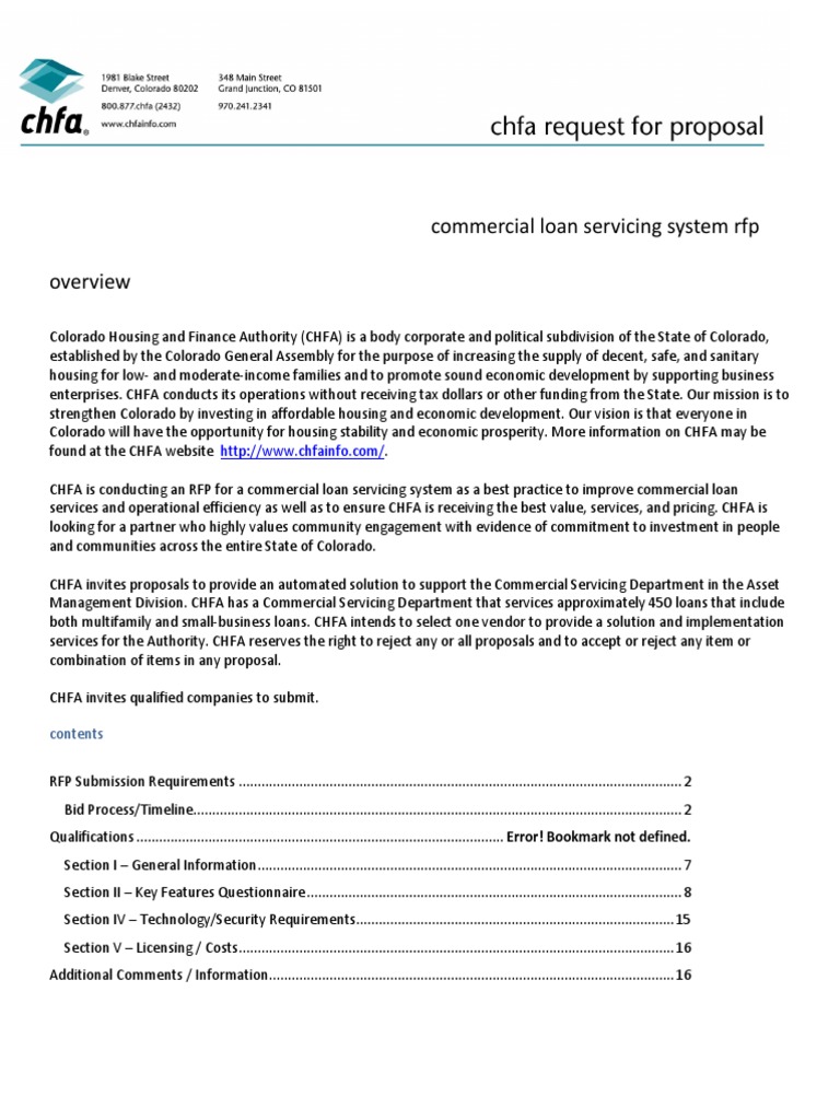 CHFA Loan Servicing RFP | PDF | Request For Proposal | Loans