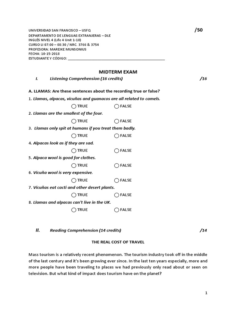 ESL Level 4 Midterm Exam: Tourism Impact | PDF | Tourism | Mountains