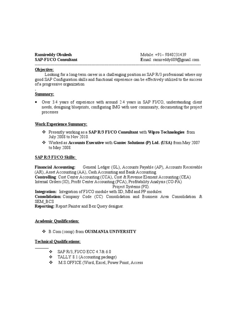 Resume Abap 3 Years Experience Resume ramireddy sap fico resume depreciation accounts payable
