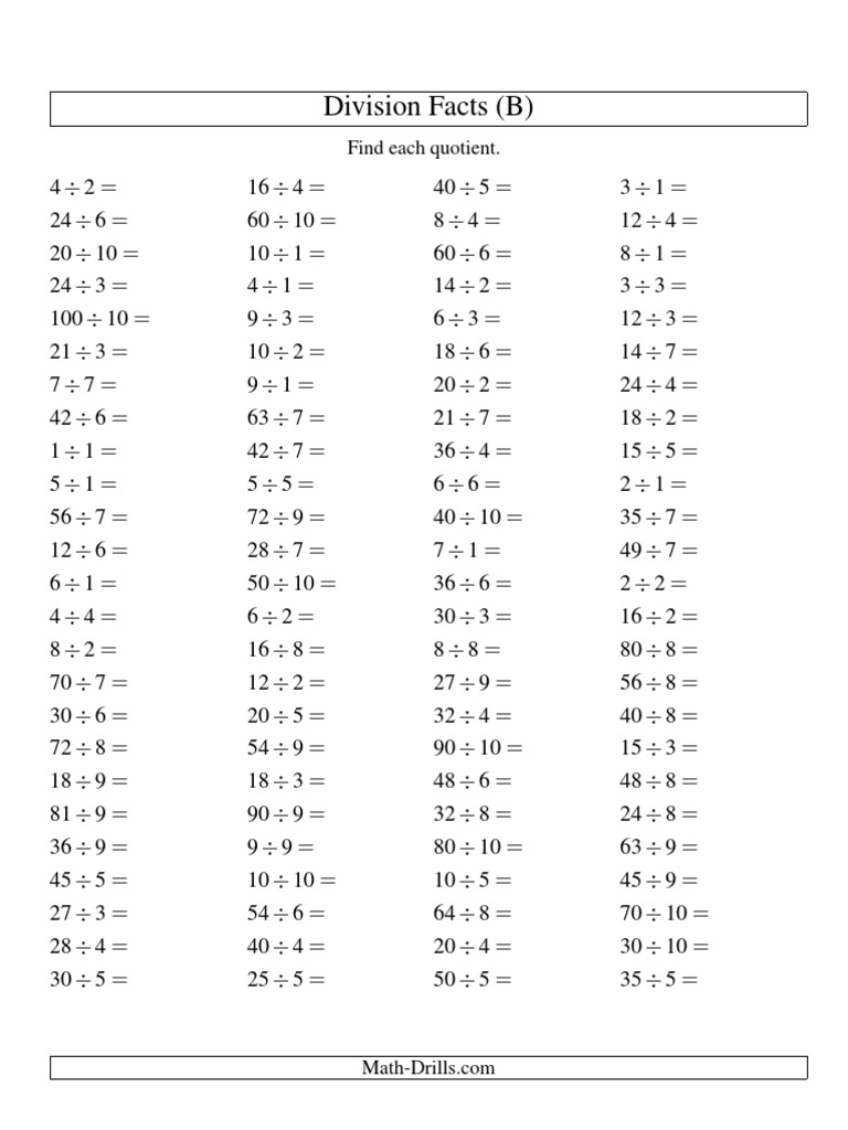 Division Facts To 100 Page B