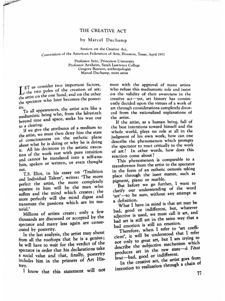M. Duchamp, 'The Creative Act (1957) ', In: The New Art