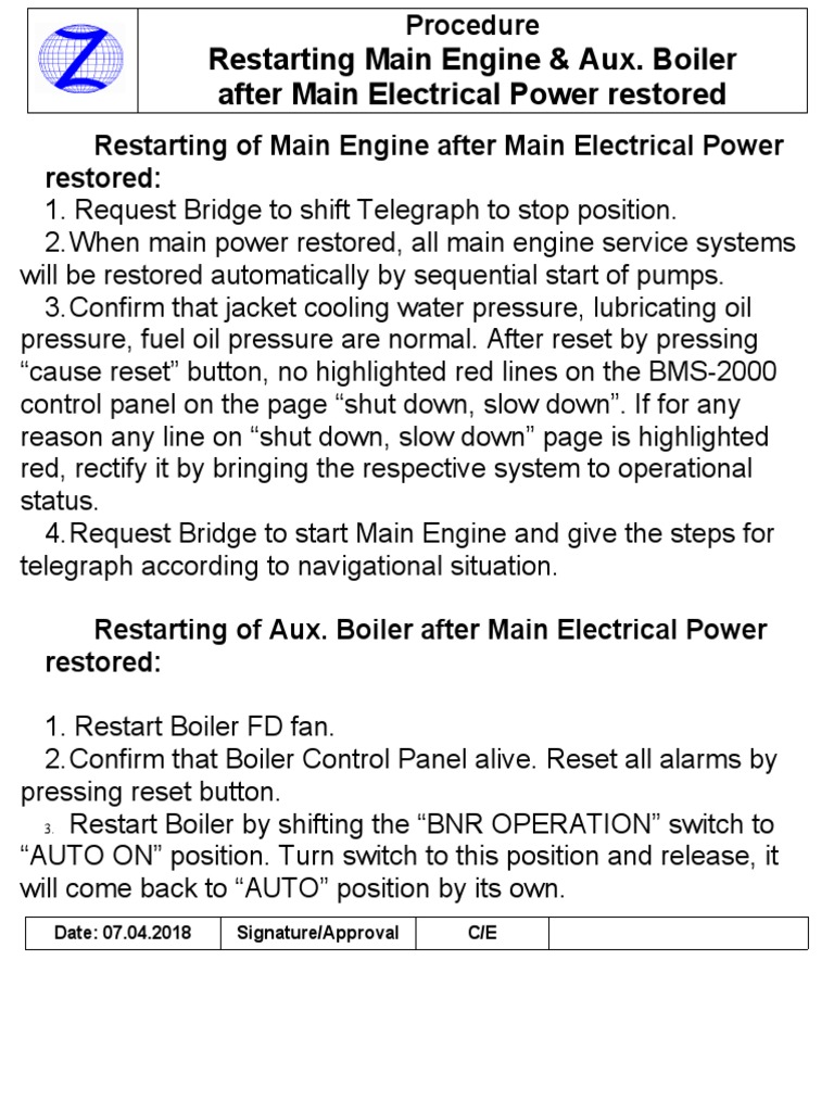 Restarting Main Engine & Aux. Boiler After Main Electrical Power Restored PDF