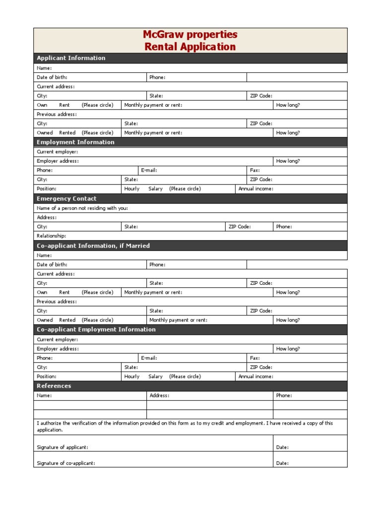 Mcgraw Properties Rental Application Applicant Information PDF