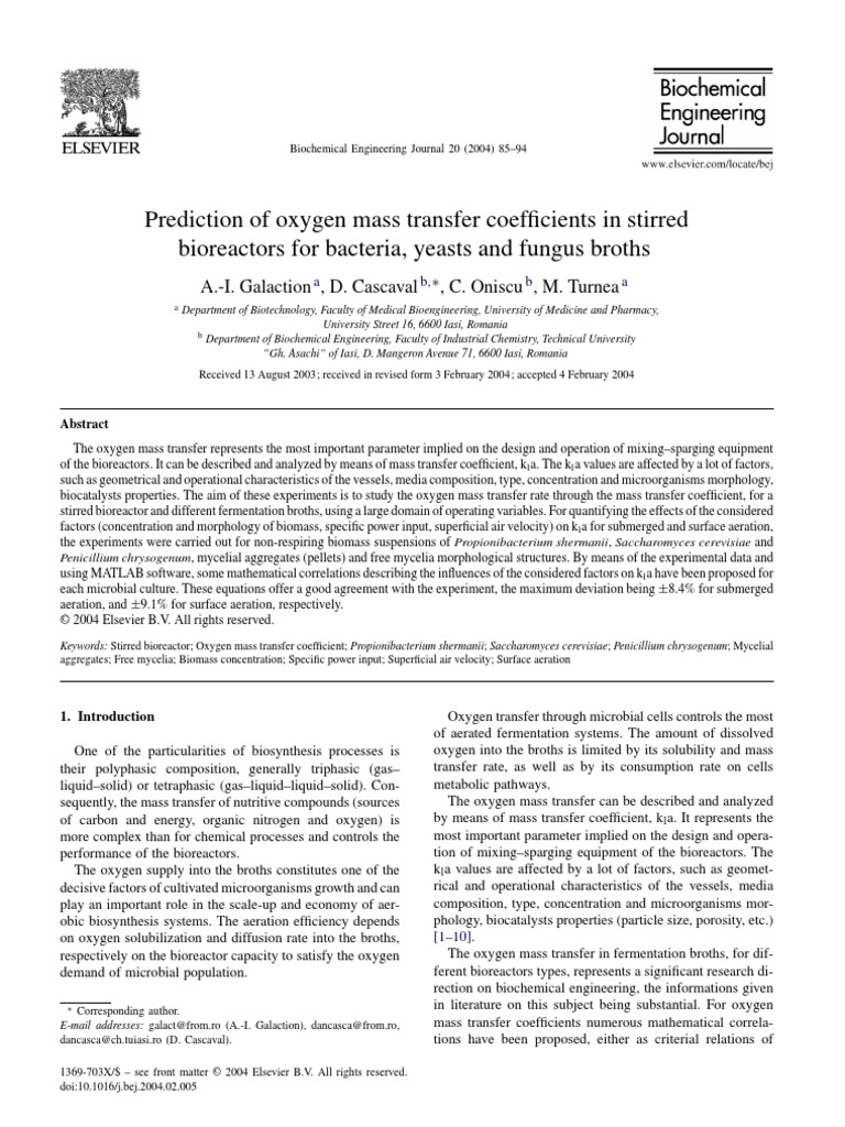 Prediction of Oxygen Mass Transfer Coefficients in Stirred Bioreactors ...