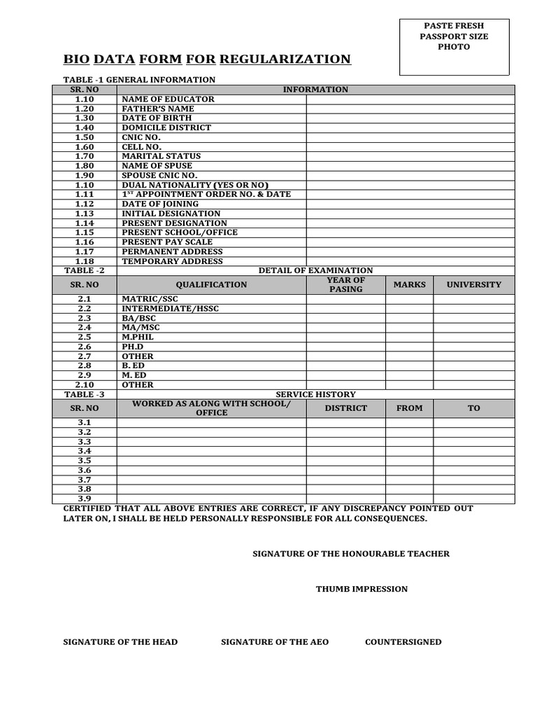 Bio Data Form | PDF