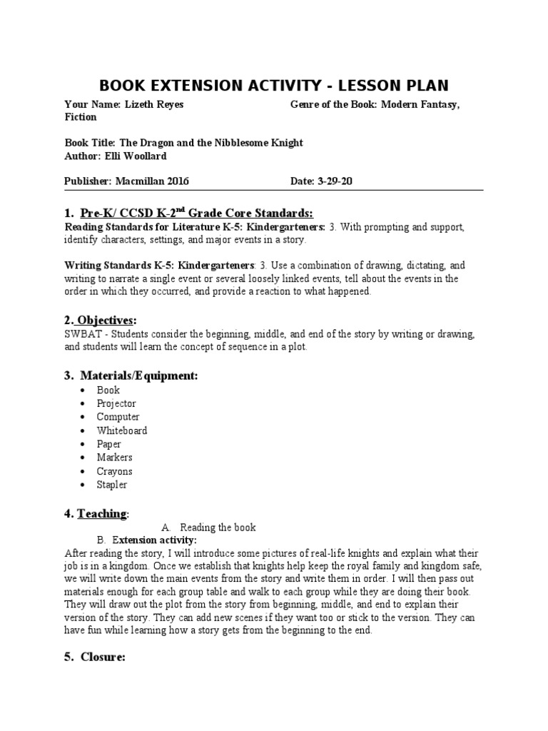 Book Extension Activity - Lesson Plan: 1. Pre-K/ CCSD K-2 Grade Core ...