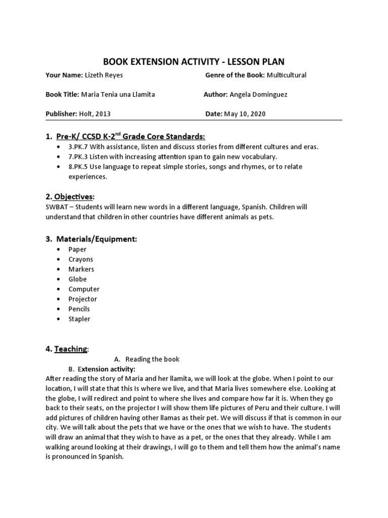 Book Extension Activity Lesson Plan 1. PreK/ CCSD K2 Grade Core