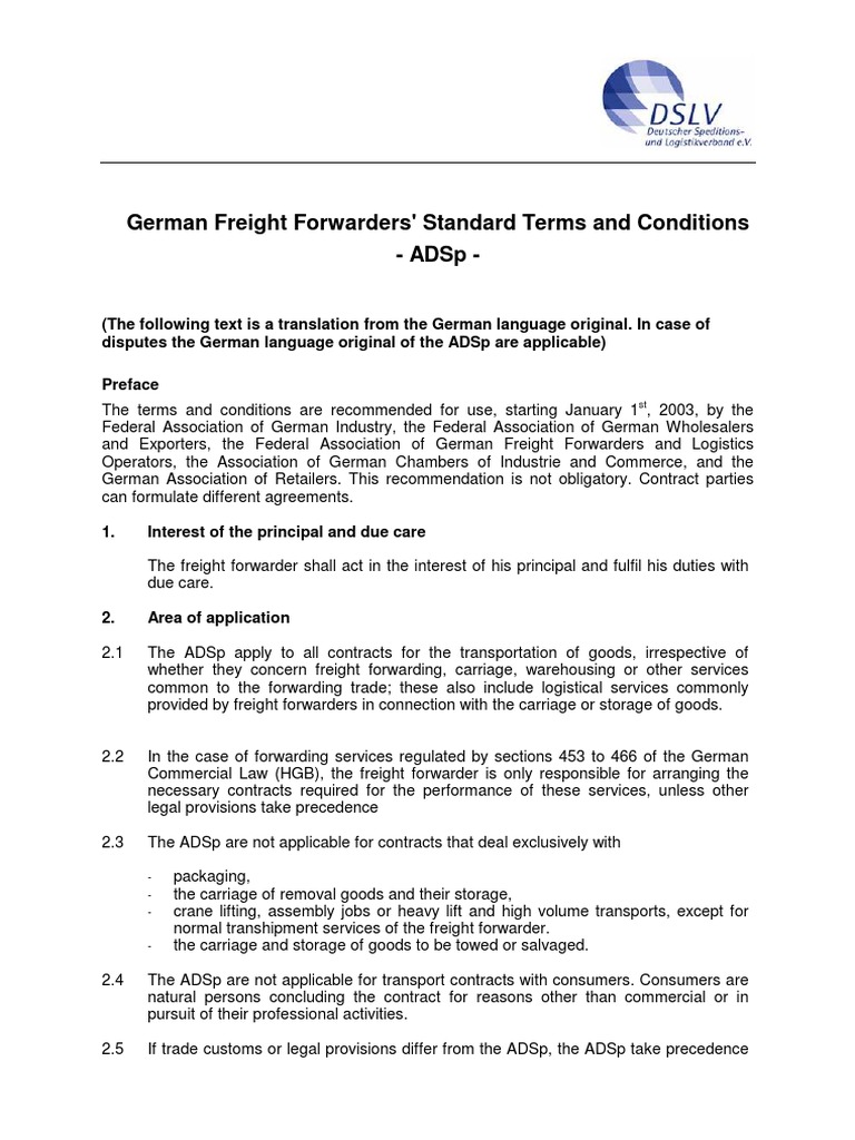 German Freight Forwarders' ADSp Guidelines | PDF | Cargo | Insurance