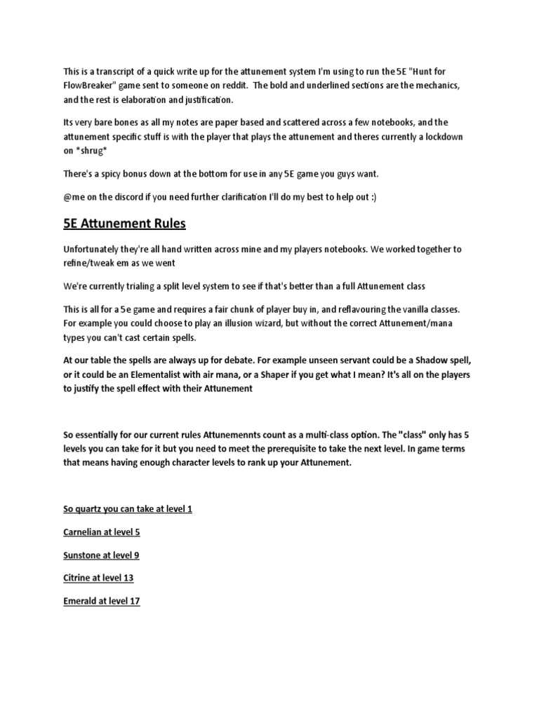 5E Attunement Rules PDF Leisure Sports