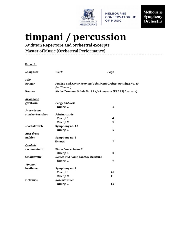 TimpaniPercussion Orchestral Excerpts PDF Orchestras Concerto