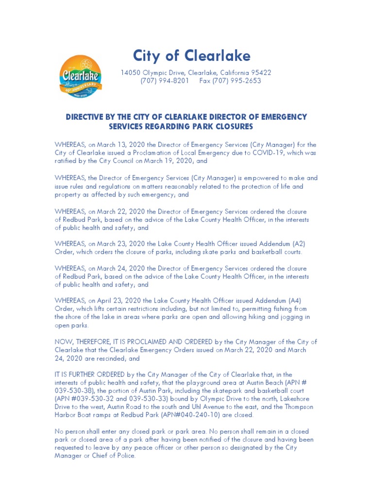 City of Clearlake Revised Park Closure Order | PDF | Parks | Common Law