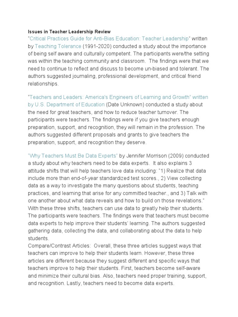 Issues in Teacher Leadership Review | PDF | Teachers | Leadership