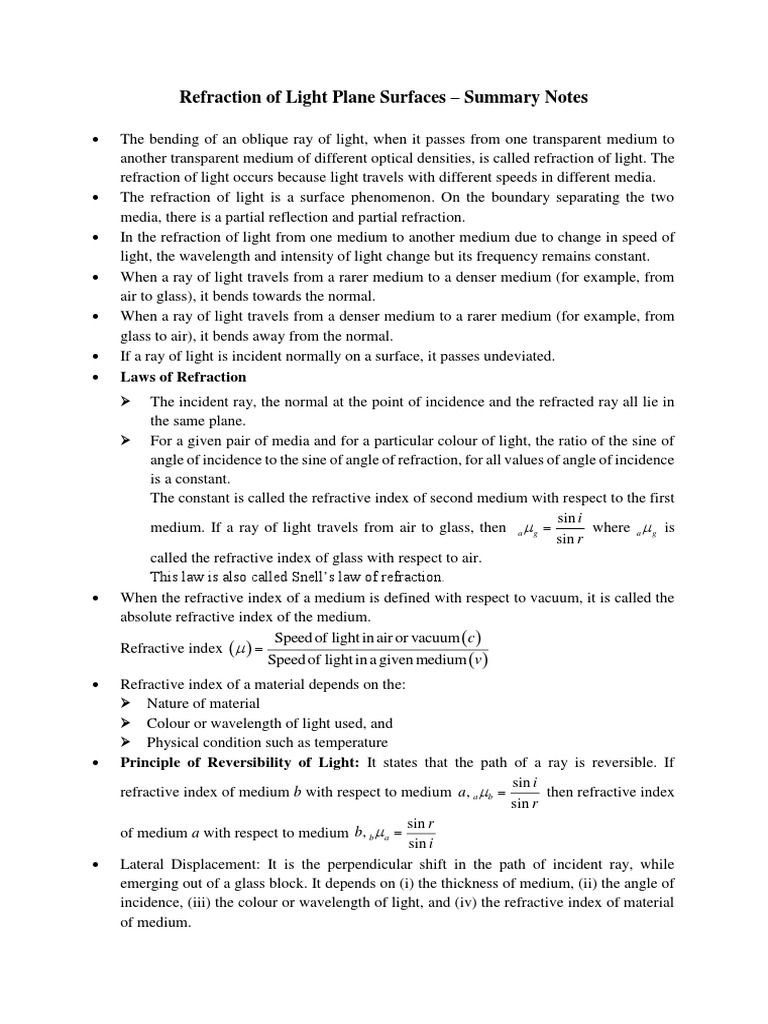 Refraction of Light Plane Surfaces PDF | PDF | Refraction | Refractive ...