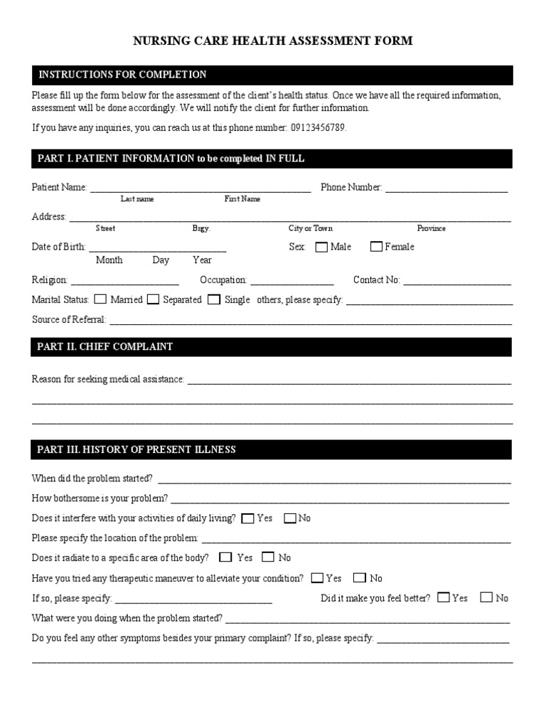Nursing Care Health Assessment Form: Instructions For Completion | PDF ...