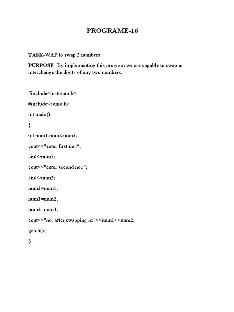 Swap Two Numbers in C++ Program | PDF | Technology & Engineering