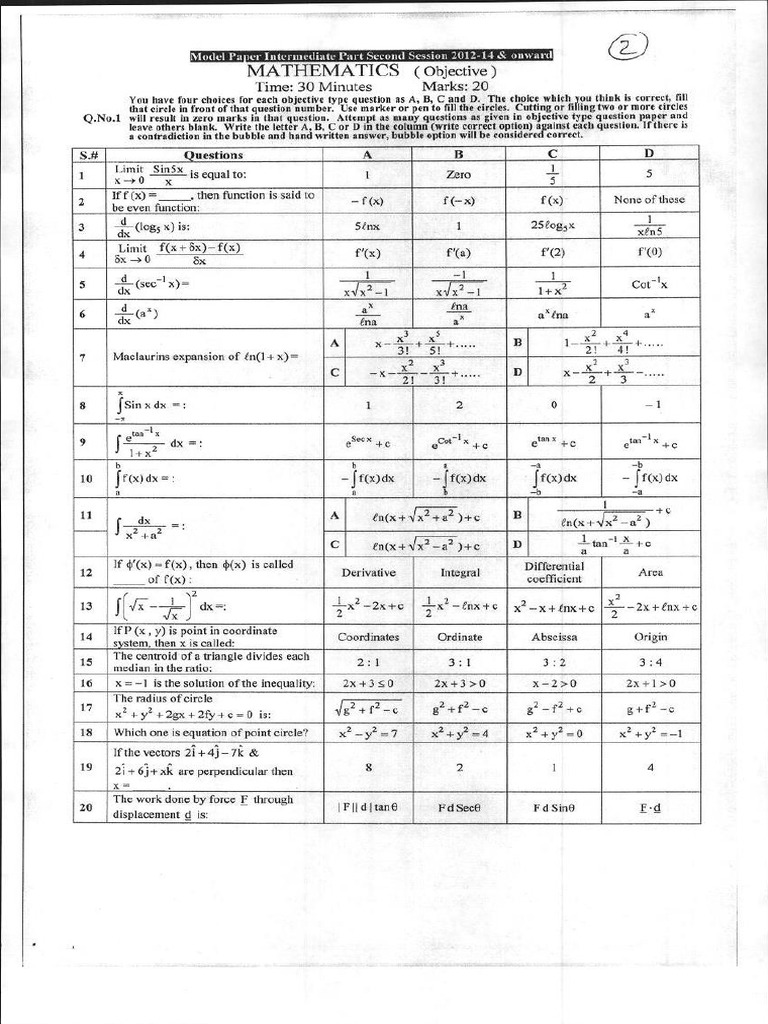 BISE Model Paper Math 2 2012 Onward PDF | PDF