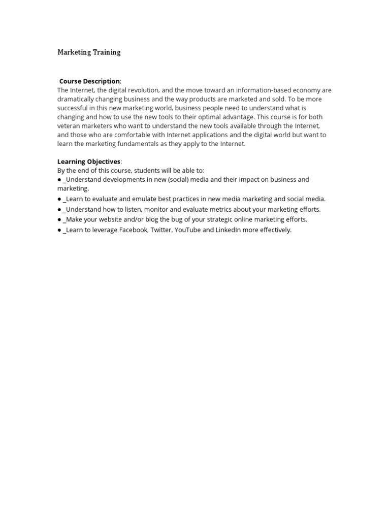 Marketing Training: Course Description | PDF
