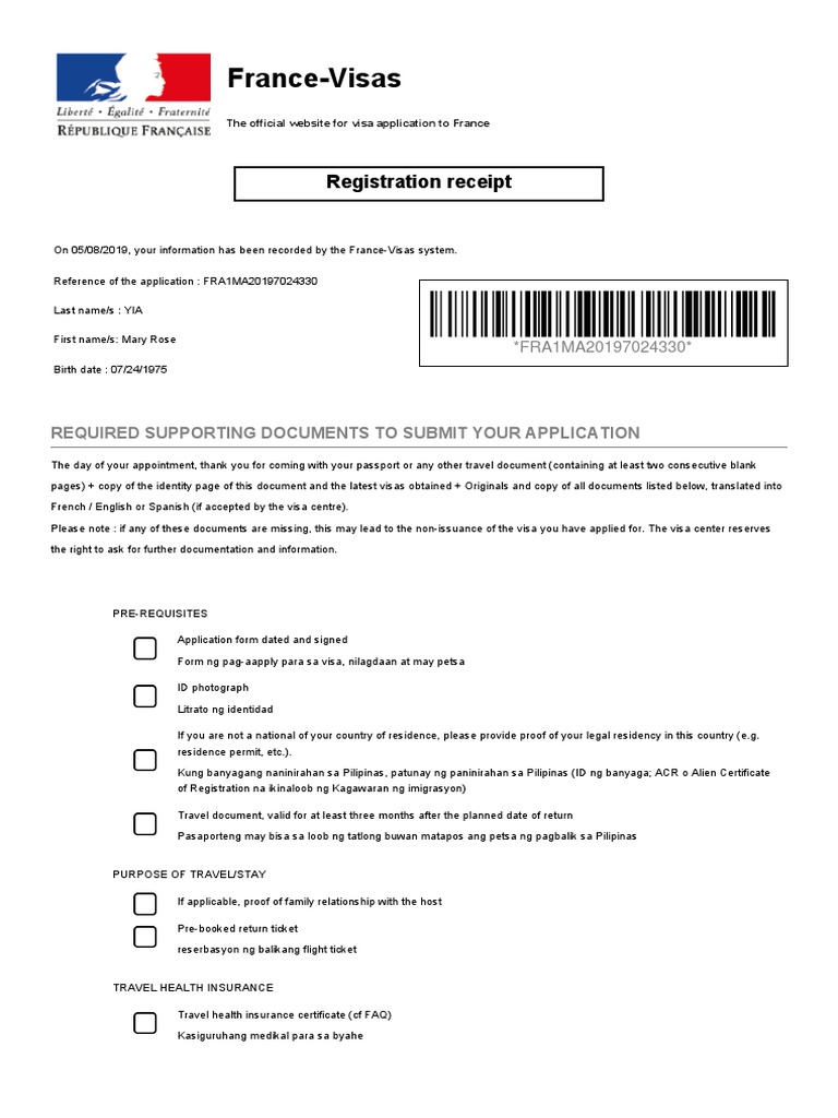 FranceVisas Registration Receipt PDF Travel Visa Government And